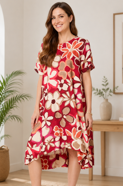 Bold Flower Hi-Lo Dress - Red