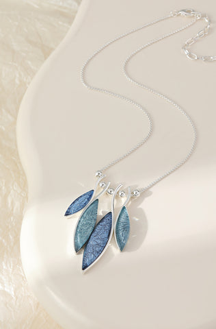 Random Blue Leaf Design - Silver Necklace