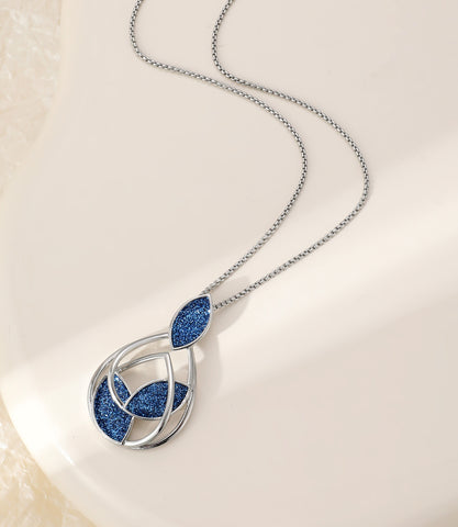 Double Oval Silver Necklace with Blue Leaf Detail