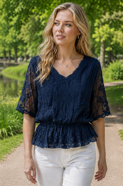 Lacy Butterfly Sleeve Top - Navy