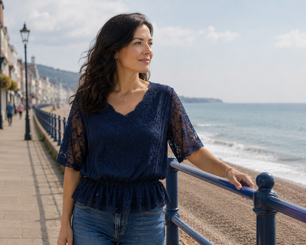 Lacy Butterfly Sleeve Top - Navy