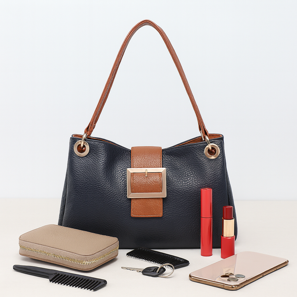 Leather-effect Slouch Shoulder Bag - Navy