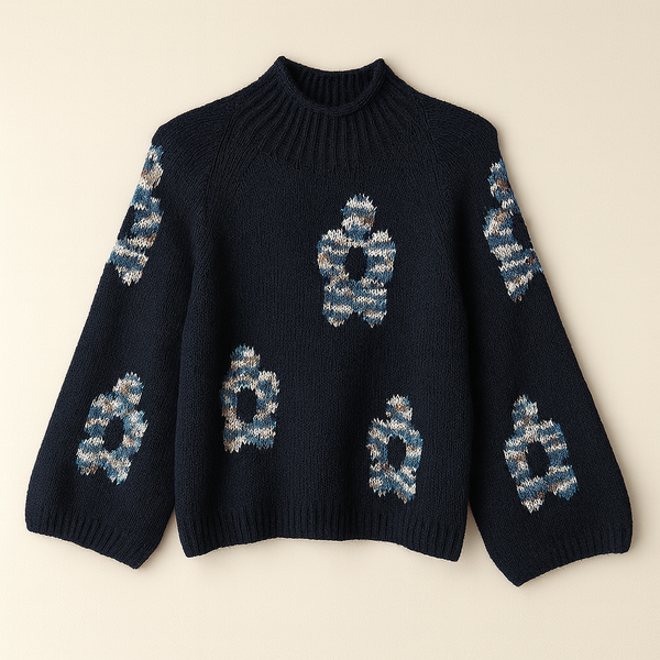 Relaxed Floral Hi-Neck Knit - Navy