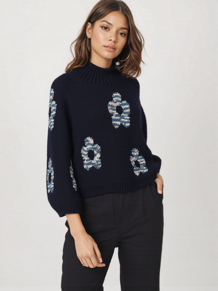 Relaxed Floral Hi-Neck Knit - Navy