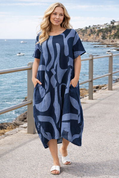 Swirl Print Hi-Lo Dress - Navy