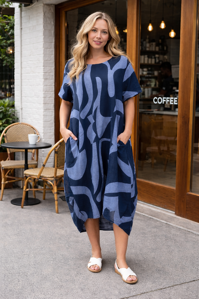 Swirl Print Hi-Lo Dress - Navy