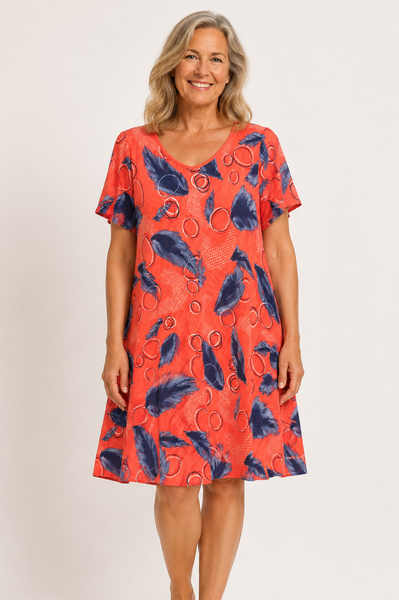 Feather Print Dress - Coral