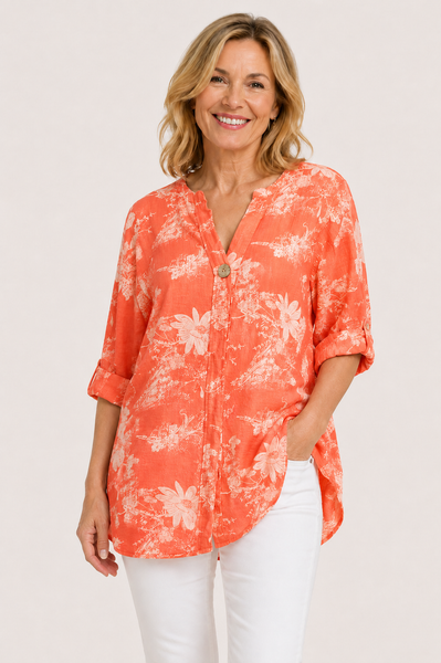 Floral Print  One Button Top New - Coral