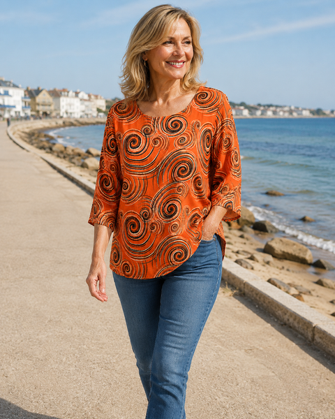Swirl Print Top - Orange