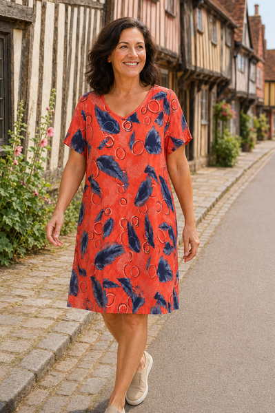 Feather Print Dress - Coral