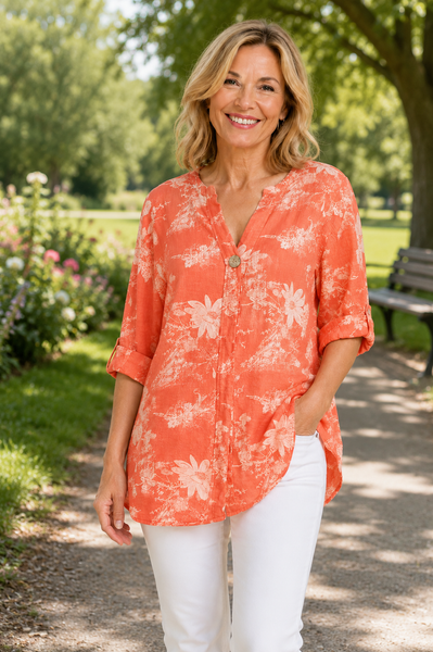 Floral Print  One Button Top New - Coral