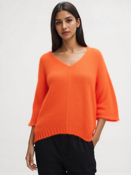 Fluffy V-Neck Knit - Orange