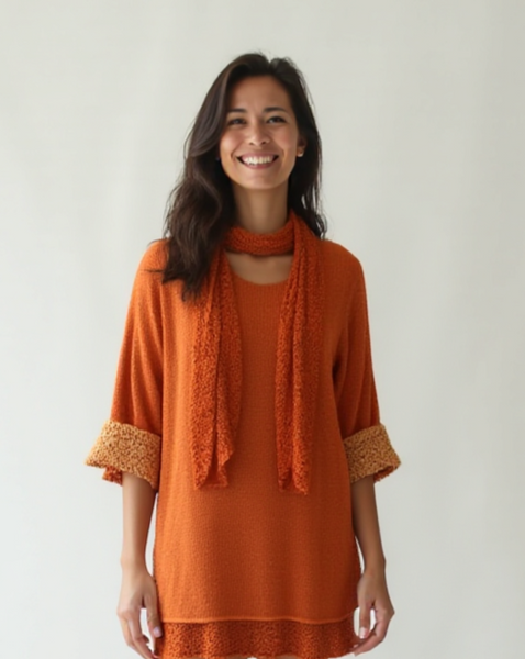 Knitted Layer Top with Scarf - Orange