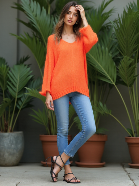 Fluffy V-Neck Knit - Orange