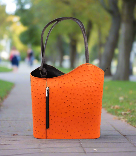 Ostrich Effect Leather Handbag Backpack - Orange/Brown Strap