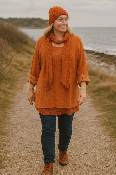 Knitted Layer Top with Scarf - Orange