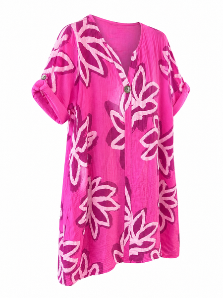 Bold Floral Button Tunic Dress - Fuchsia