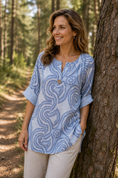 Abstract Swirl Button Top - Denim