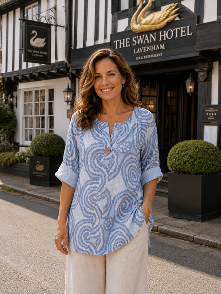 Abstract Swirl Button Top - Denim