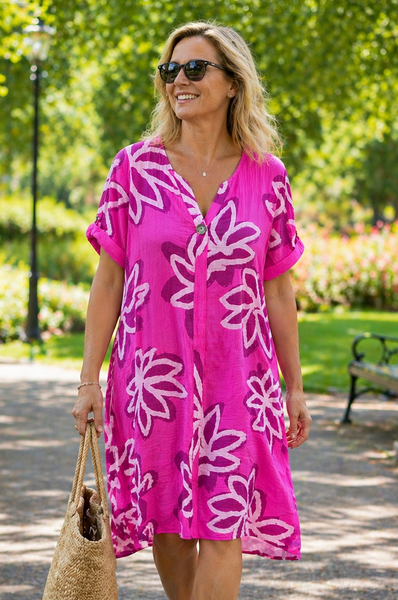 Bold Floral Button Tunic Dress - Fuchsia