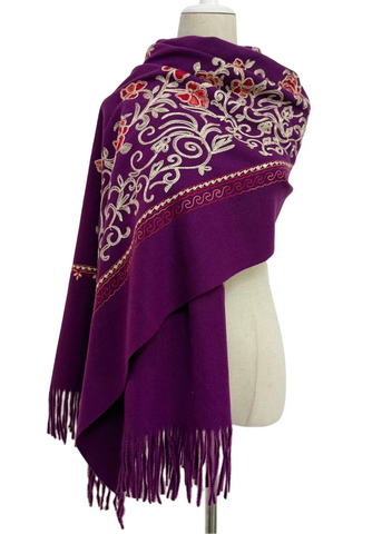 Embroidered Floral Shawl-Scarf - Purple
