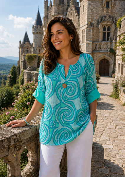 Abstract Swirl Button Top - Turquoise