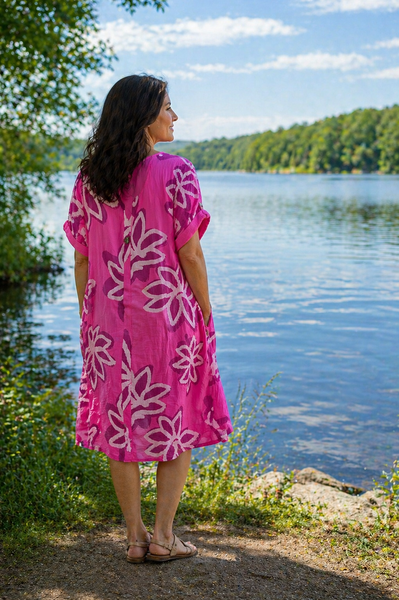 Bold Floral Button Tunic Dress - Fuchsia