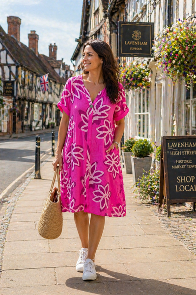 Bold Floral Button Tunic Dress - Fuchsia
