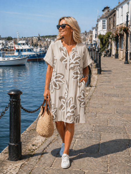 Bold Floral Button Tunic Dress - Mocha