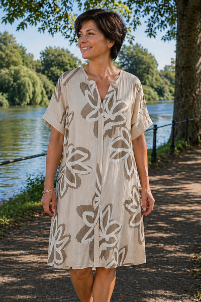 Bold Floral Button Tunic Dress - Mocha