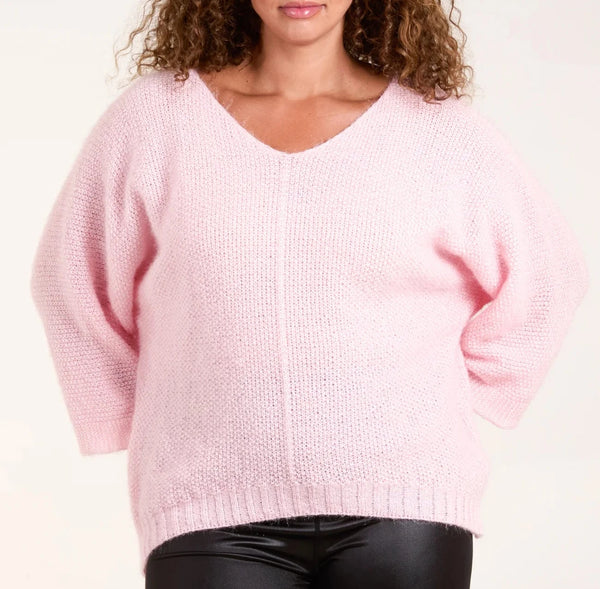 Fluffy V-Neck Knit - Baby Pink
