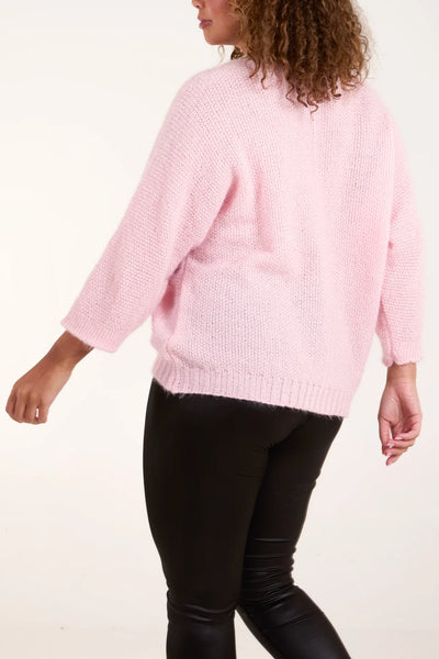 Fluffy V-Neck Knit - Baby Pink