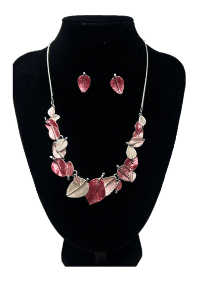 Leaf Necklace & Matching Earrings - Pink