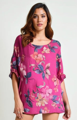 Bold Floral Cotton Top - Fuchsia