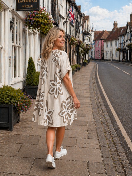 Bold Floral Button Tunic Dress - Mocha