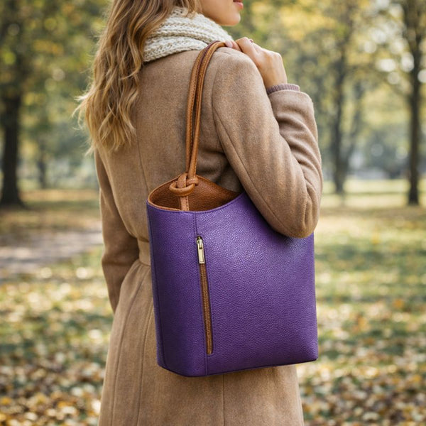 Italian Leather Pebble-Dash Backpack - Purple & Tan
