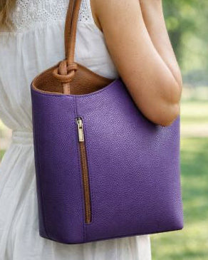 Italian Leather Pebble-Dash Backpack - Purple & Tan