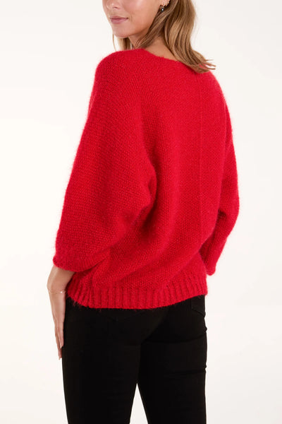 Fluffy V-Neck Knit - Red