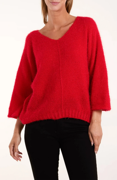 Fluffy V-Neck Knit - Red