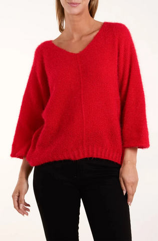 Fluffy V-Neck Knit - Red