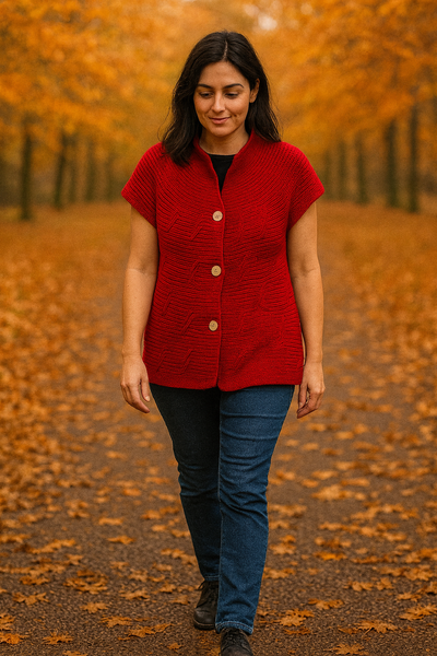 Short Sleeve 3 Button Cardigan - Red