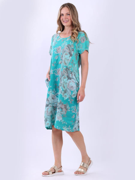 Floral Linen Shift Dress - Aqua