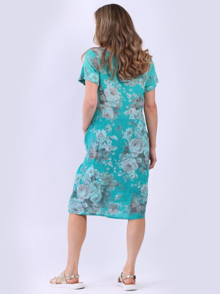 Floral Linen Shift Dress - Aqua