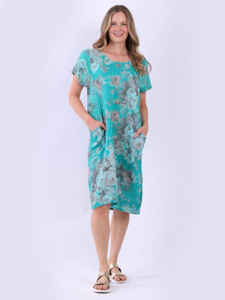 Floral Linen Shift Dress - Aqua