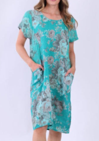 Floral Linen Shift Dress - Aqua