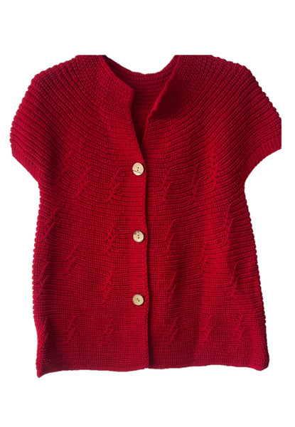 Short Sleeve 3 Button Cardigan - Red