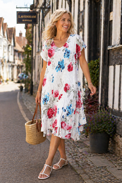 Carol Layered Rose Print Dress - White