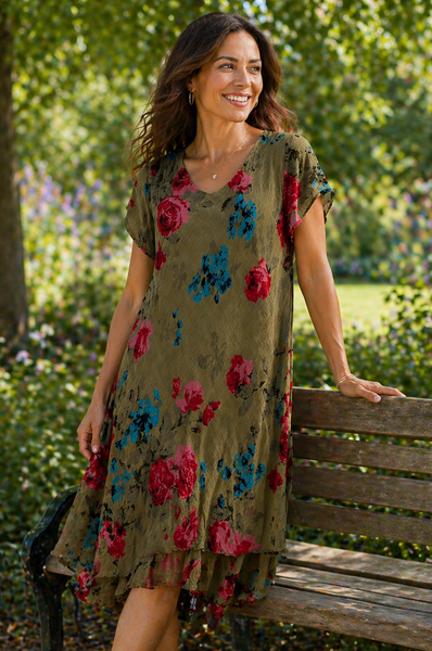 Carol Layered Rose Print Dress -Khaki