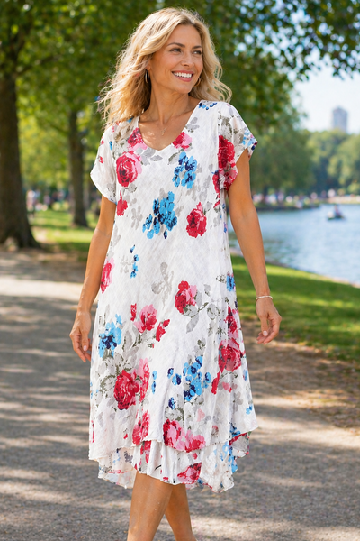 Carol Layered Rose Print Dress - White