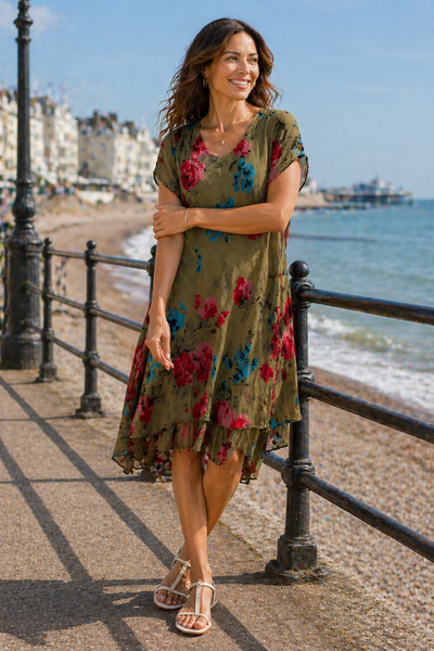 Carol Layered Rose Print Dress -Khaki